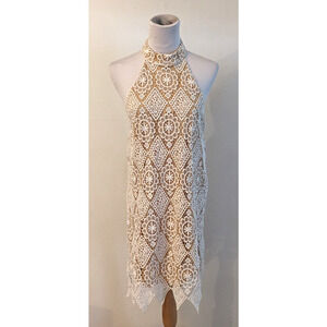 New Audrey 3+1 sz S Halter Style Dress white beige lined sleeveless crochet 2432